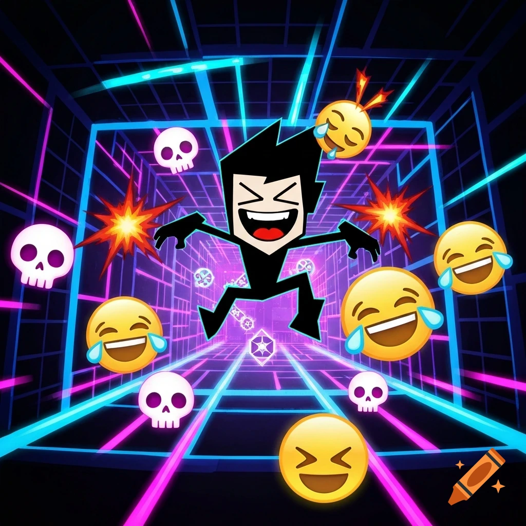 A black cartoon character resembling a Geometry Dash icon jumps in a neon grid tunnel, surrounded by laughing emojis, pink skulls, and explosions.
