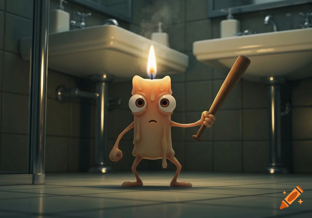 A cartoonish candle character with big eyes and melting wax, holding a baseball bat, stands defensively in a tiled bathroom with two sinks.