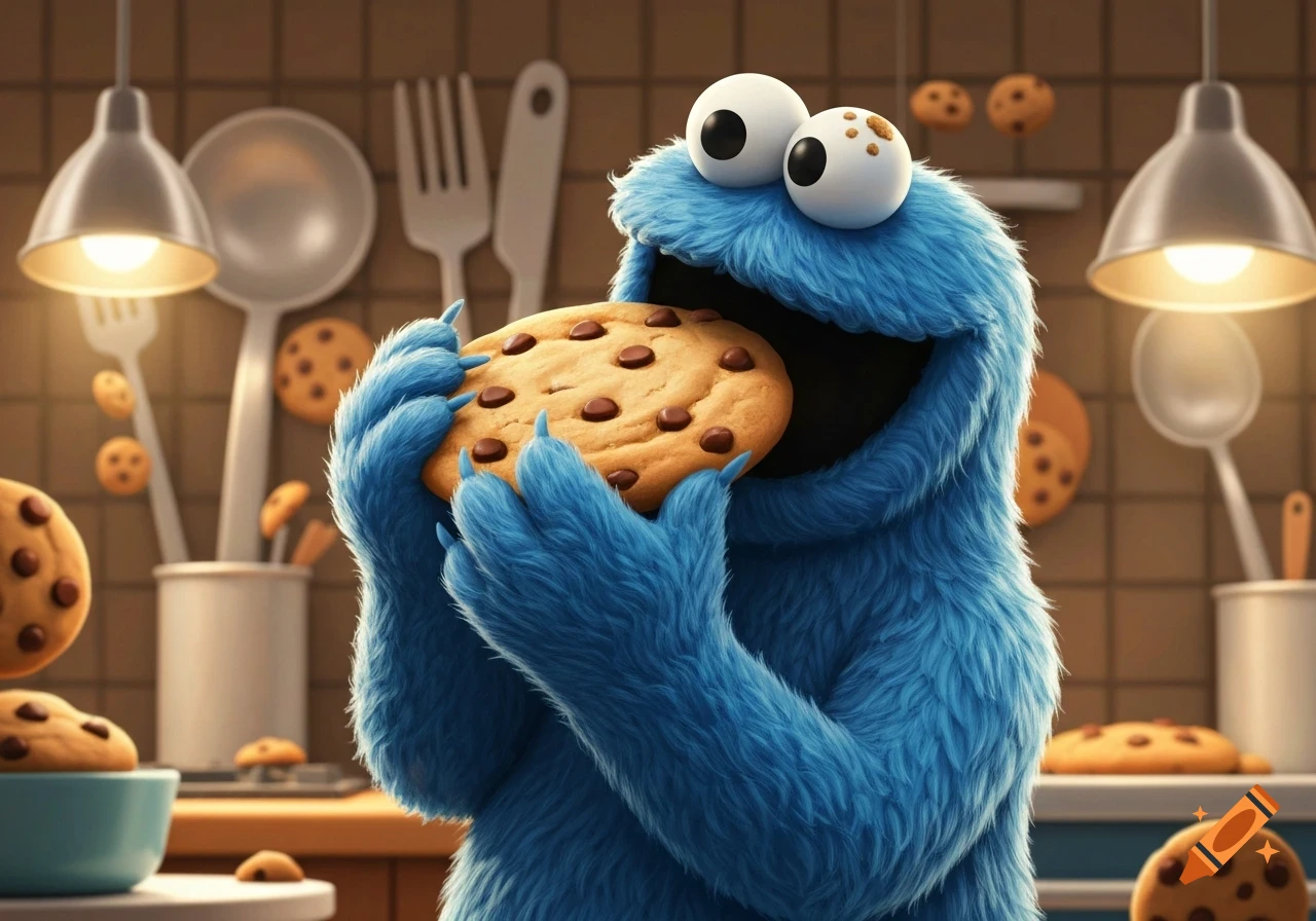 Cookie Monster in a kitchen, excitedly holding a large chocolate chip cookie, with more cookies floating in the background.