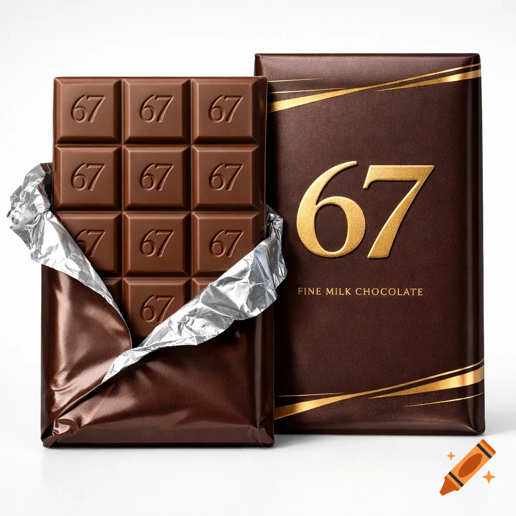 A partially unwrapped chocolate bar with '67' embossed on each square and a brown and gold wrapper saying '67 Fine Milk Chocolate'.