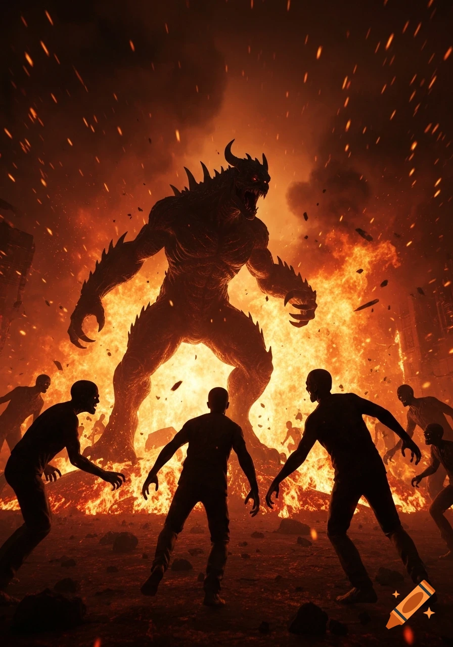 A giant horned monster with glowing red eyes looms over silhouetted figures in a dark, fiery, apocalyptic landscape.