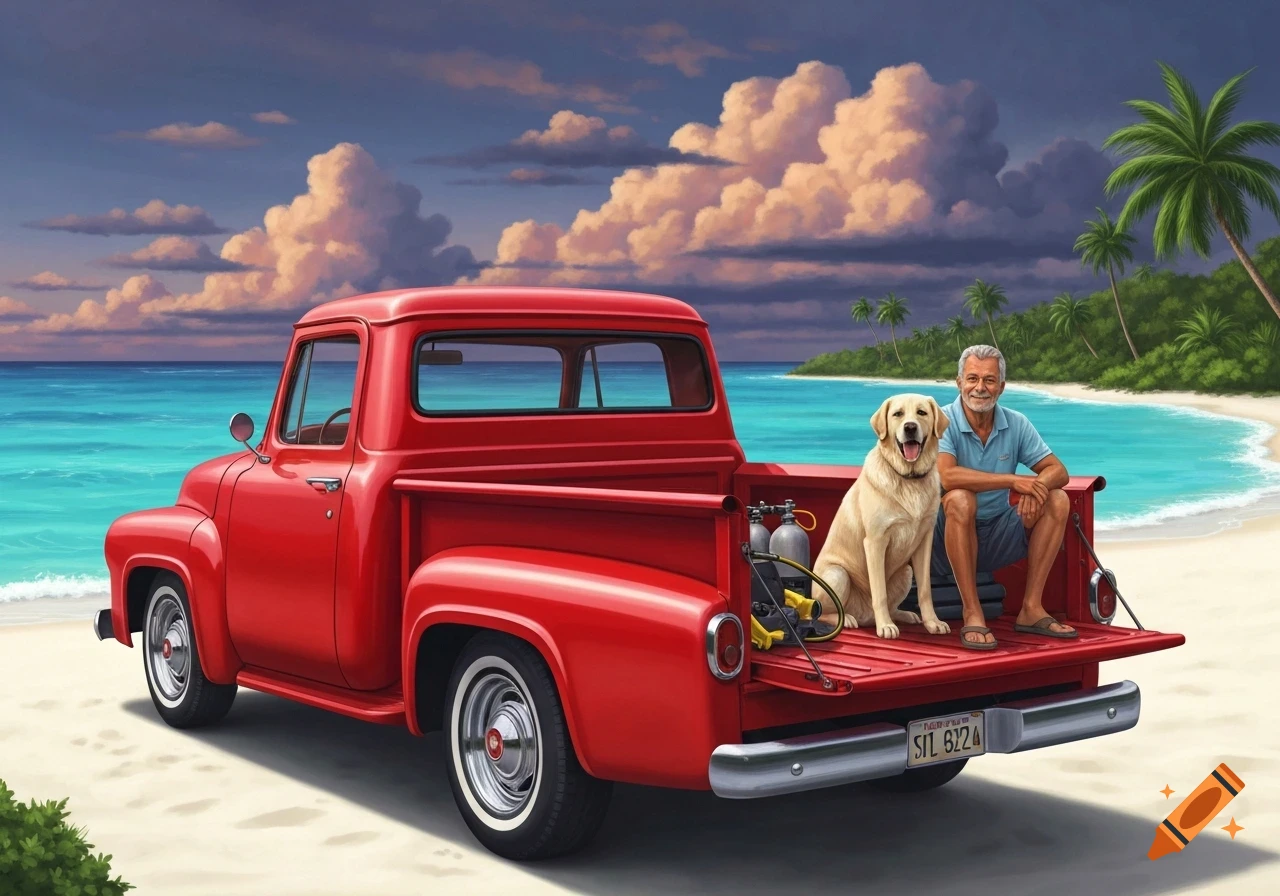 A man and a labrador dog sit on the tailgate of a red vintage pickup truck on a tropical beach, 1950s travel poster style.