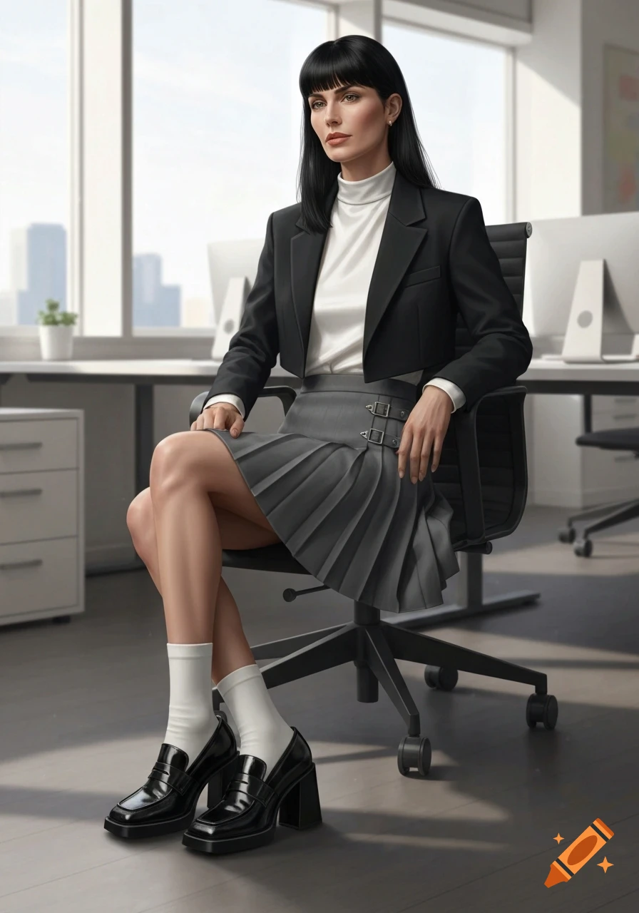 Photorealistic image of a woman with black hair and bangs, wearing a black cropped blazer, grey pleated skirt, white turtleneck, white socks, and black loafers, sitting in an office chair.