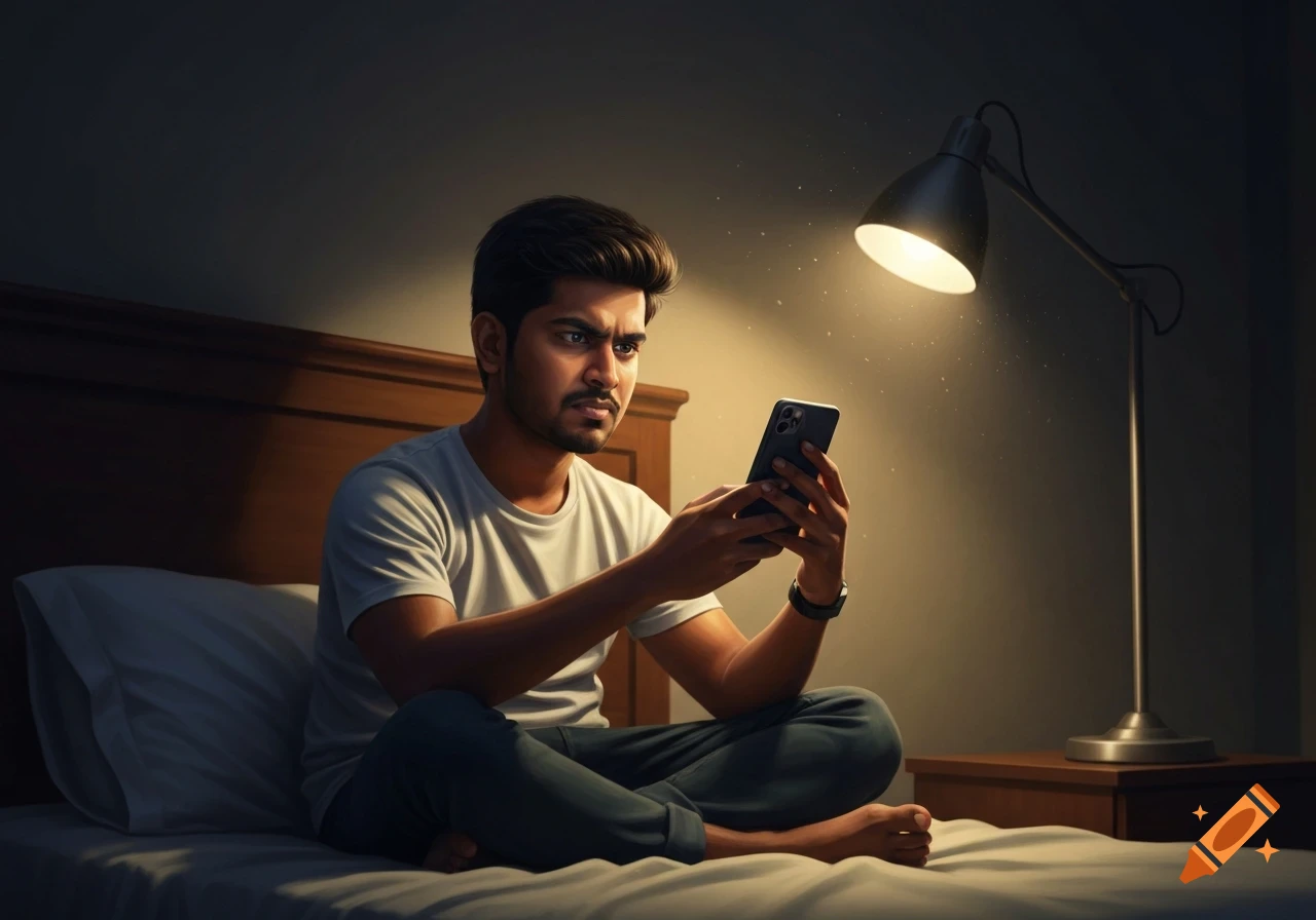 A young Indian man sits cross-legged on a bed, intently looking at his smartphone under the soft light of a lamp in a dark room.