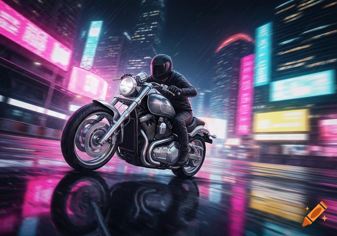 A motorcyclist in a black suit and helmet rides a silver cruiser motorcycle through a rainy, neon-lit cyberpunk city street at night.