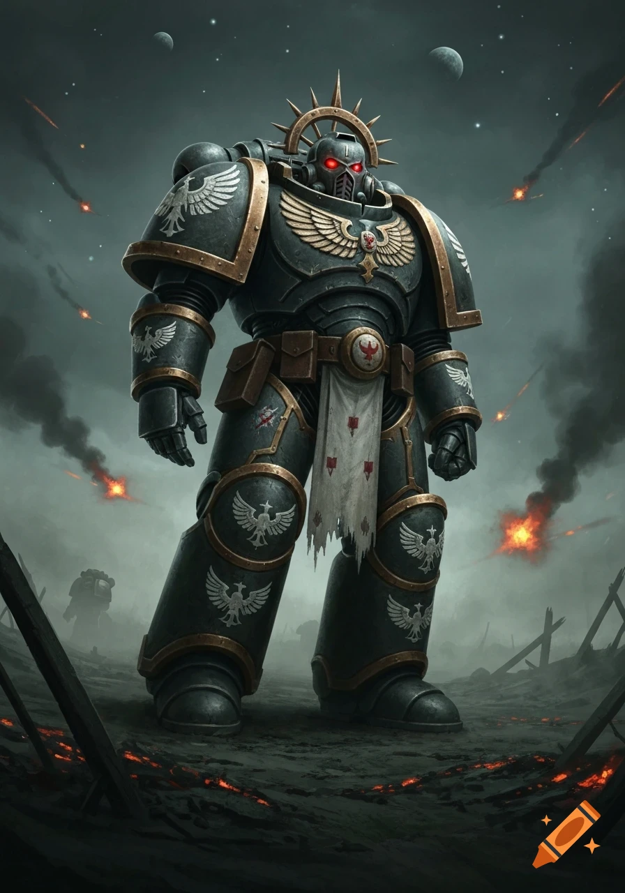 A formidable Space Marine in dark power armor stands on a war-torn battlefield under a stormy sky, with explosions in the background.