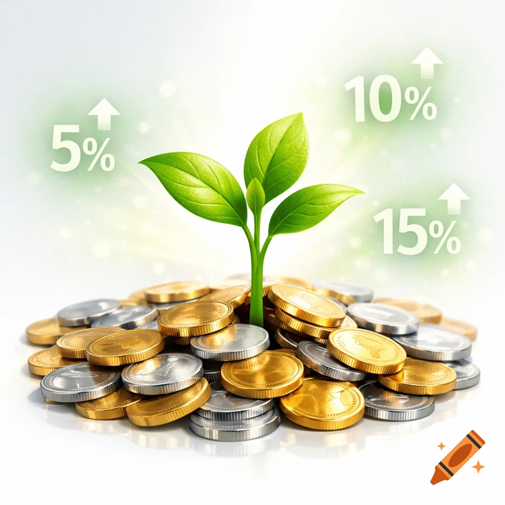 A vibrant green plant seedling sprouts from a pile of gold and silver coins, with floating 5%, 10%, and 15% symbols and upward arrows in a bright, clean illustration.