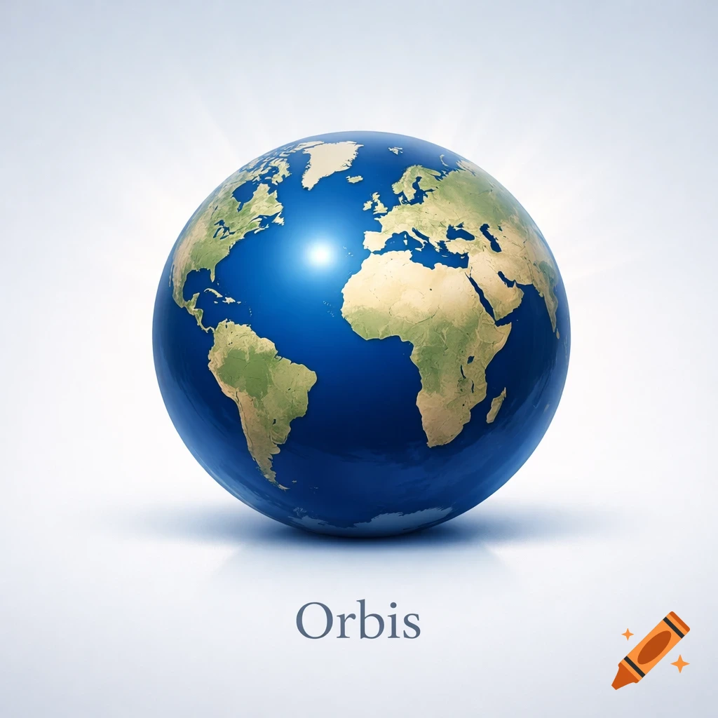 A detailed illustration of a blue and green globe, showing continents, with the word 'Orbis' written below it.