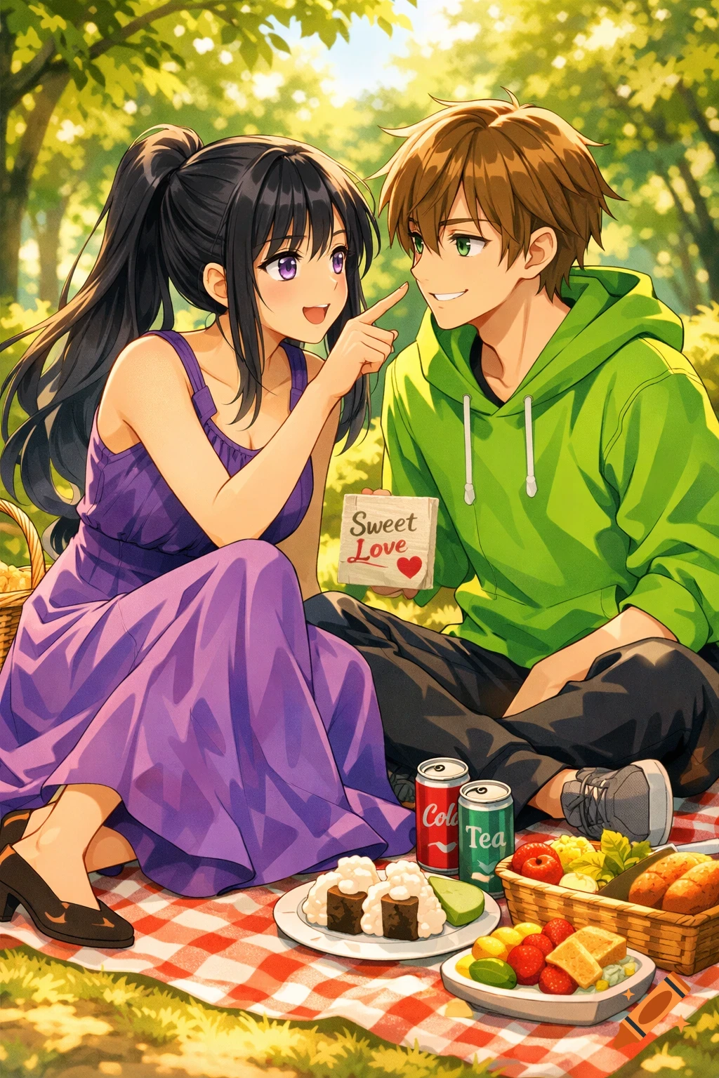 An anime couple on a picnic blanket in a park, with the girl pointing at the boy's nose, surrounded by food and drinks.
