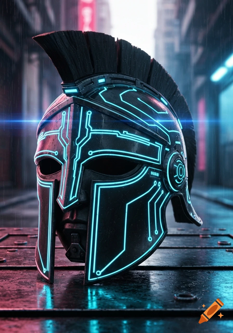 A black Spartan helmet with glowing blue circuit patterns sits on a wet, metallic surface in a rainy cyberpunk city.