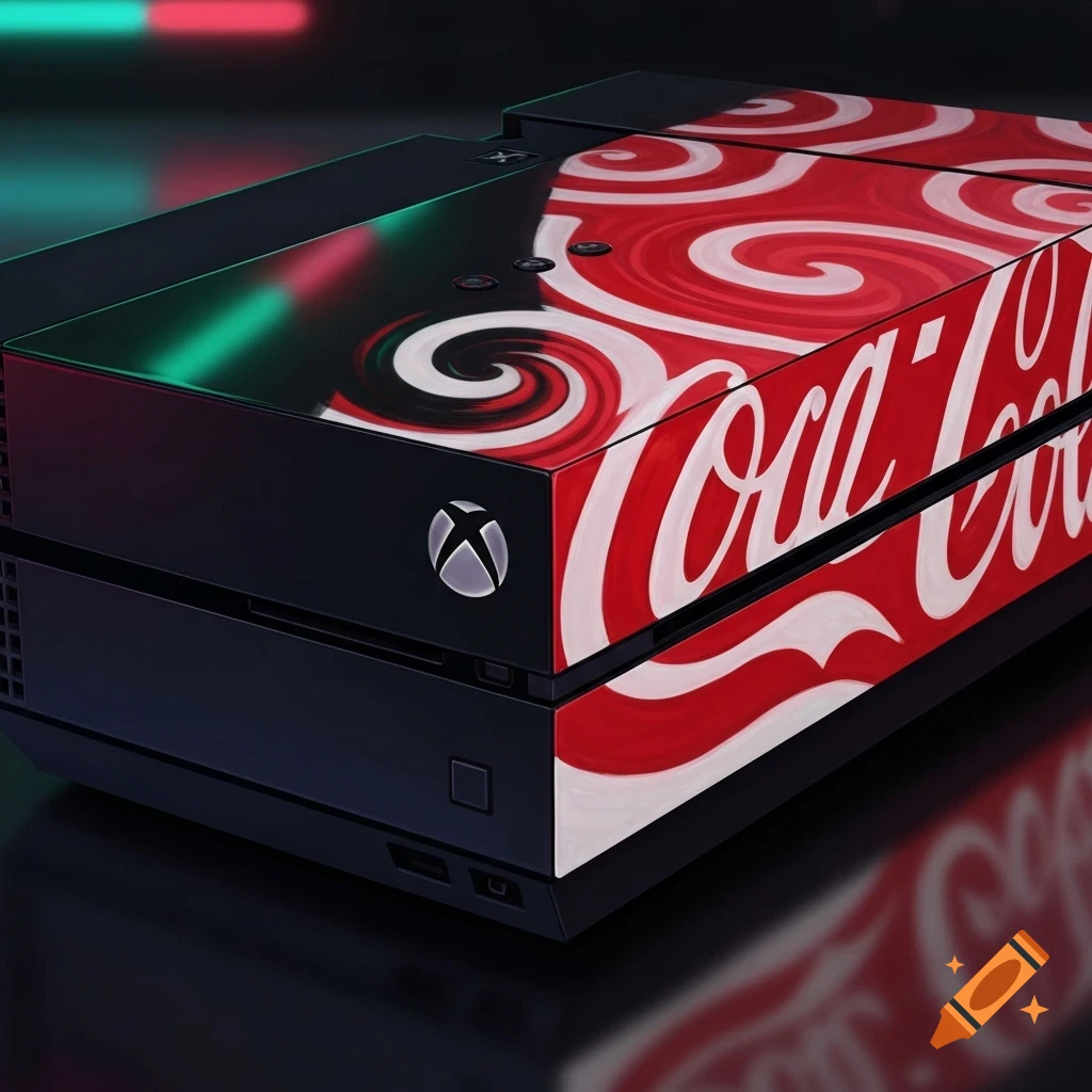 Black Xbox console customized with a red and white swirling Coca-Cola pattern and logo.