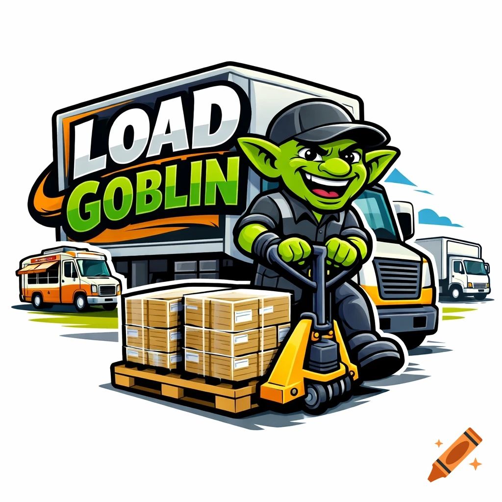 A cartoon logo features a green goblin in a uniform using a pallet jack with boxes, in front of a truck labeled "LOAD GOBLIN".