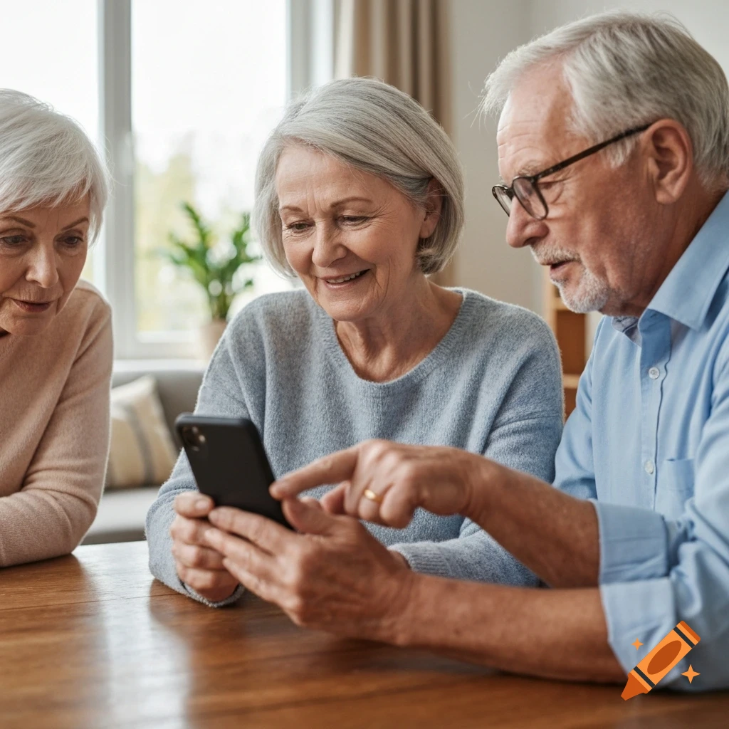 Three seniors gathered around a smartphone at a wooden table, with a man pointing at the screen and two women attentively watching.