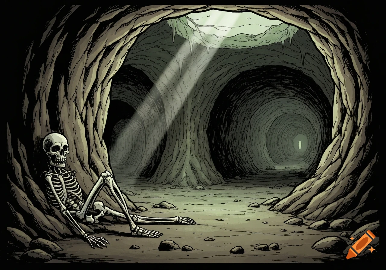 Hand-drawn comic book style image of a skeleton leaning in a dark cave entrance, with light rays and tunnels beyond.