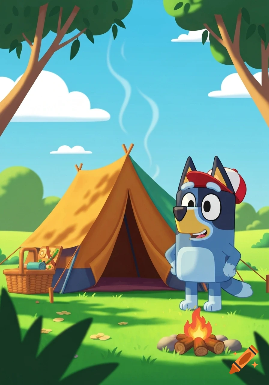 A cartoon blue dog wearing a red cap stands next to a campfire and a yellow tent in a sunny, green campsite.