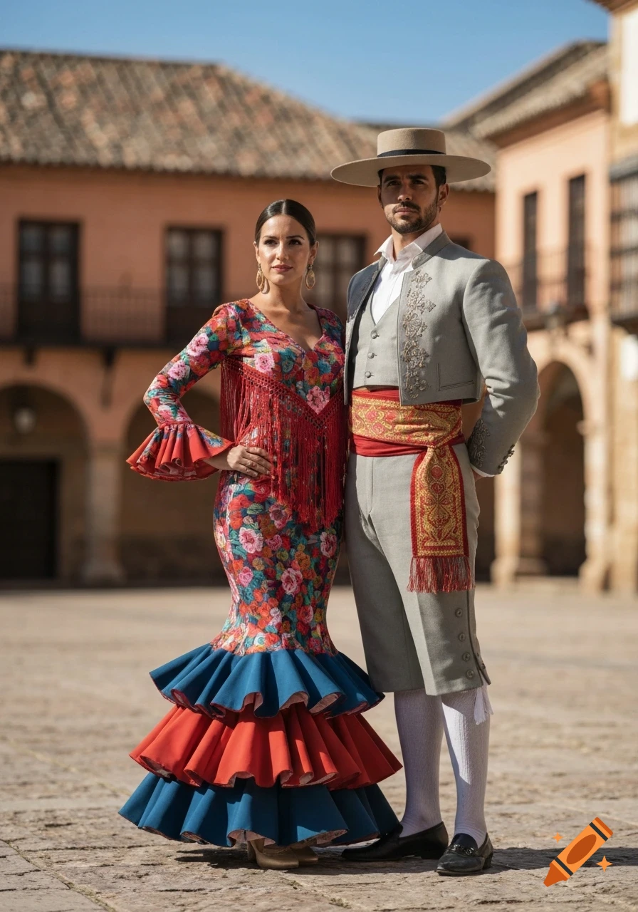 Photorealistic image of a man and woman in vibrant traditional Spanish Andalusian folk attire, standing in a sunny outdoor plaza.