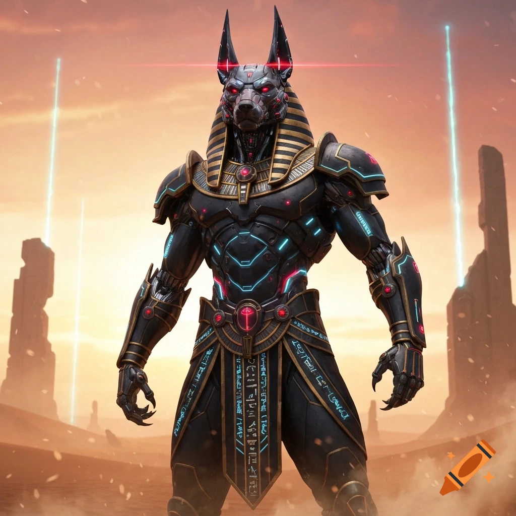 A powerful black and gold cyborg Anubis with glowing red eyes stands in a desert landscape under an orange sky, with futuristic pillars and glowing lines in the background.