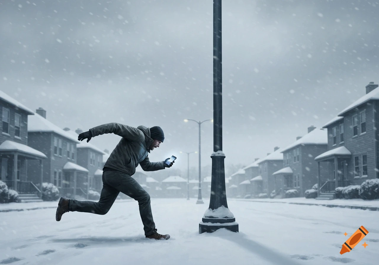 A man in winter clothes runs looking at his glowing phone on a snowy street with houses and a lamppost.