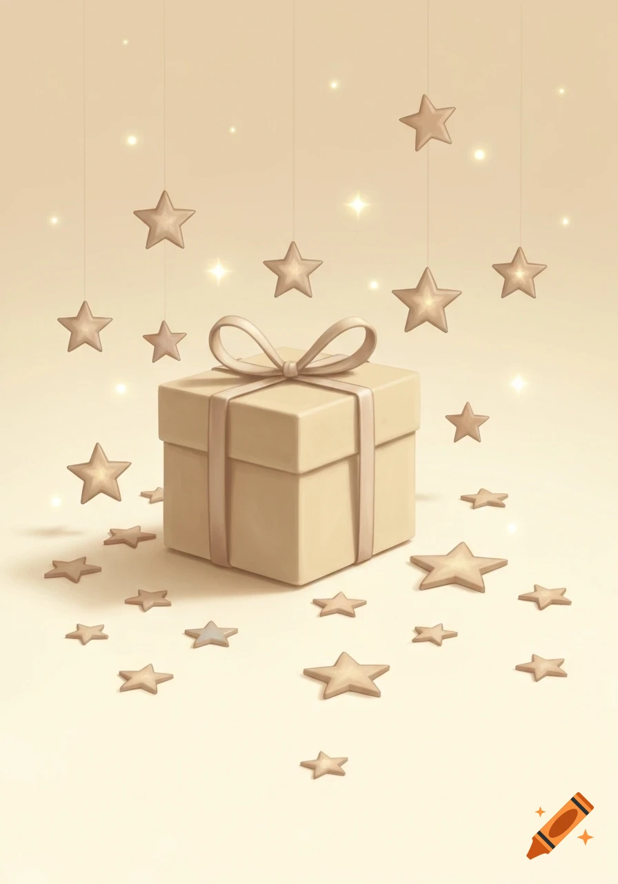 A simple beige gift box with a ribbon, surrounded by floating and scattered stars on a warm, light background.