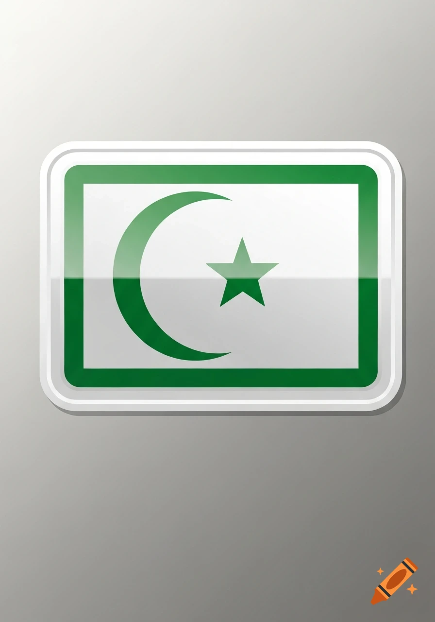 A glossy white flag sticker with a green border, featuring a green crescent moon and star in the center, against a gray background.