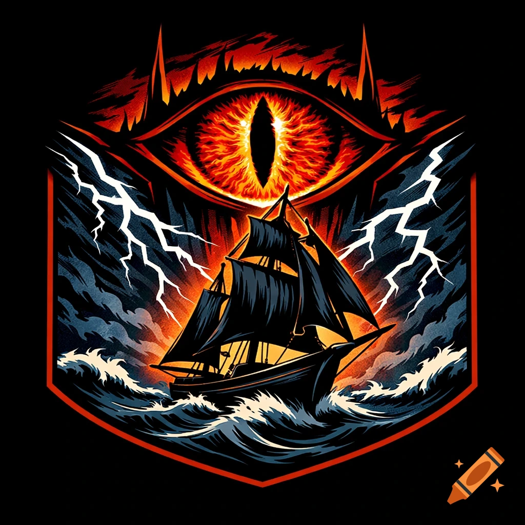 Stylized logo of the fiery Eye of Sauron over a black sailboat in a stormy sea with lightning.