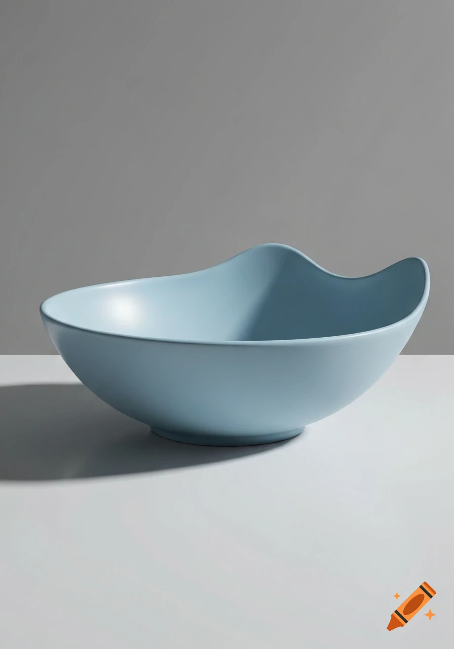 A light blue, matte finish bowl with a gently undulating, wavy rim sits on a white surface against a plain grey background.