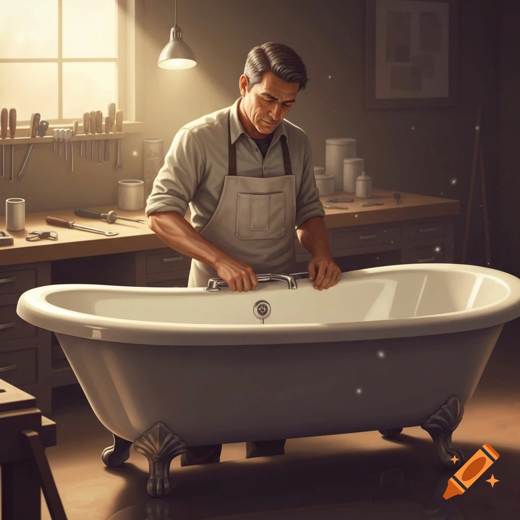 A man in an apron works on restoring a white clawfoot bathtub in a sunlit workshop filled with tools.