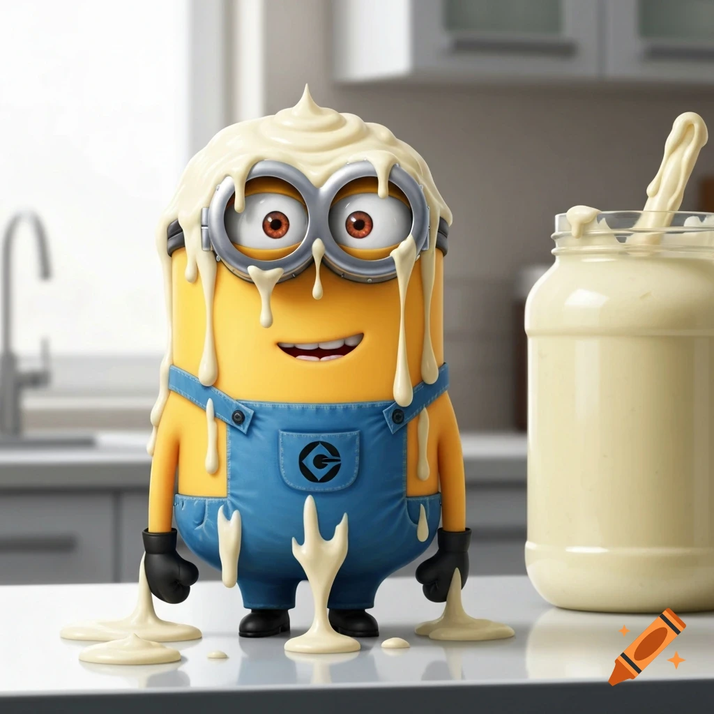 A smiling Minion in blue overalls is completely covered in creamy white mayonnaise, standing next to a full jar of mayonnaise in a bright kitchen.