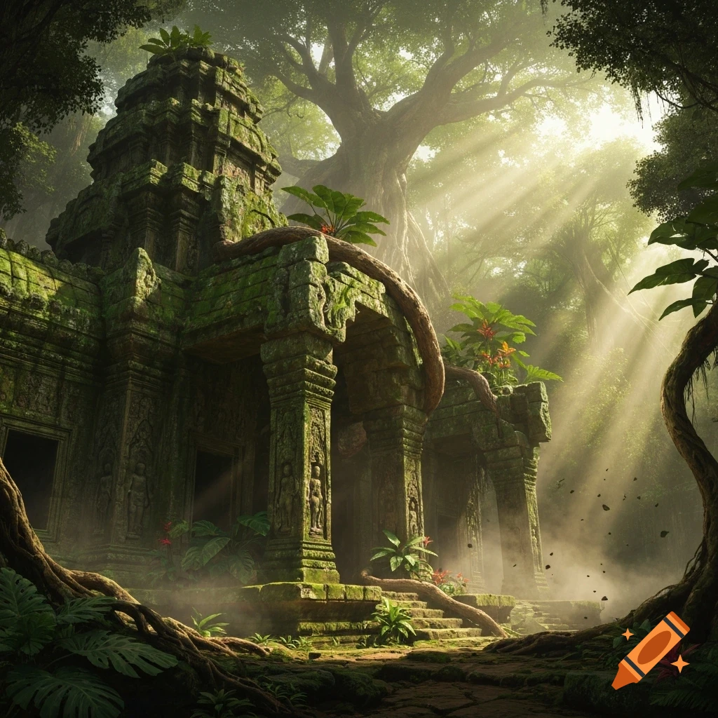 Sunlit ancient moss-covered temple ruins overgrown with jungle foliage ...