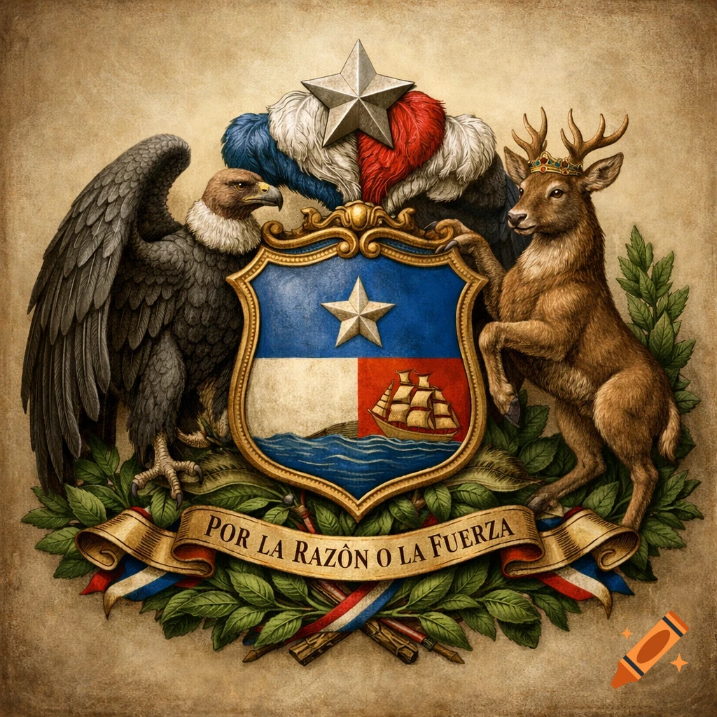 Illustrated Chilean coat of arms with a condor, huemul deer, shield, and a banner reading 'POR LA RAZÔN O LA FUERZA'.