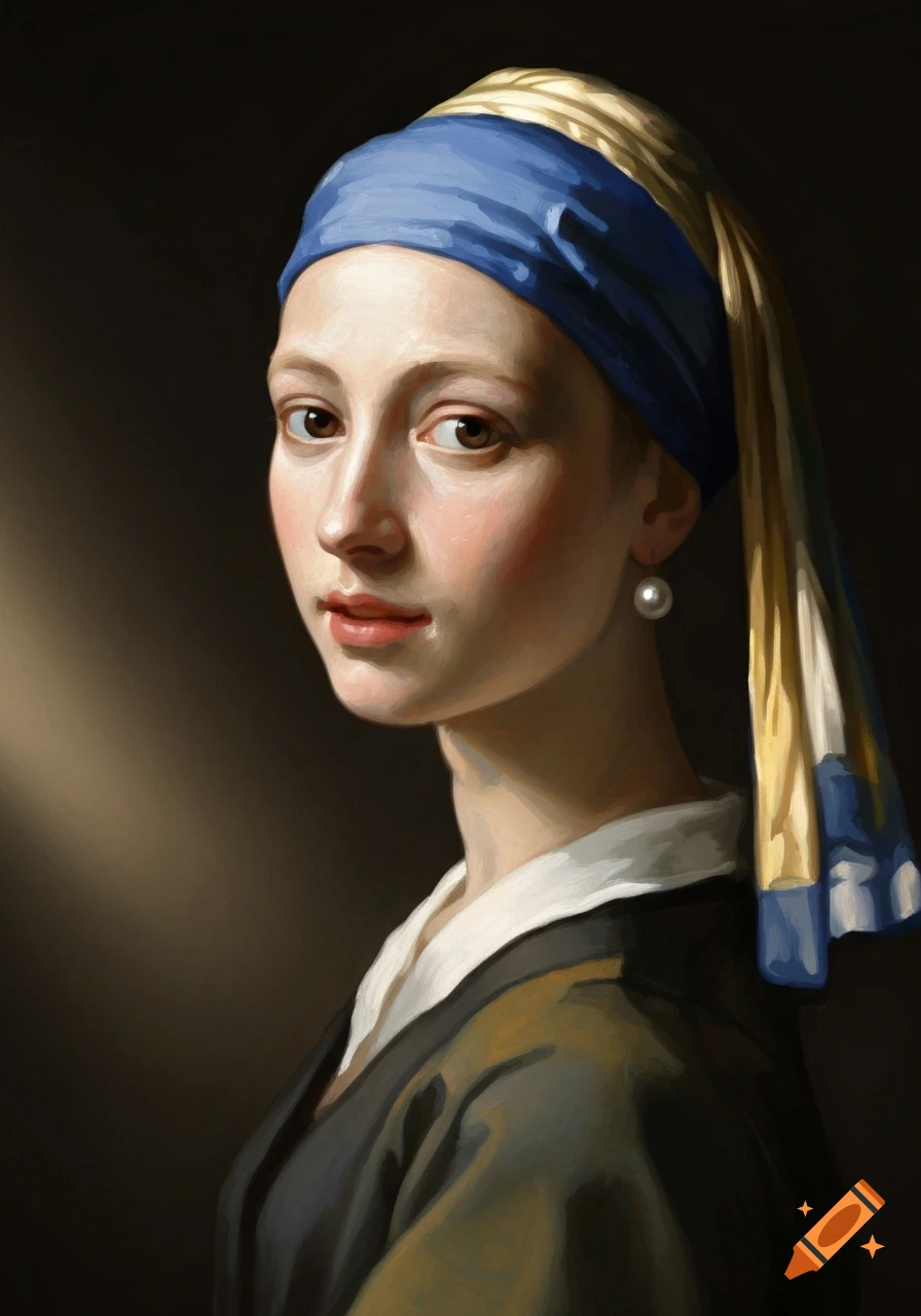Painting of a young woman with a blue and yellow turban and a pearl earring, looking over her shoulder, in the style of Vermeer.