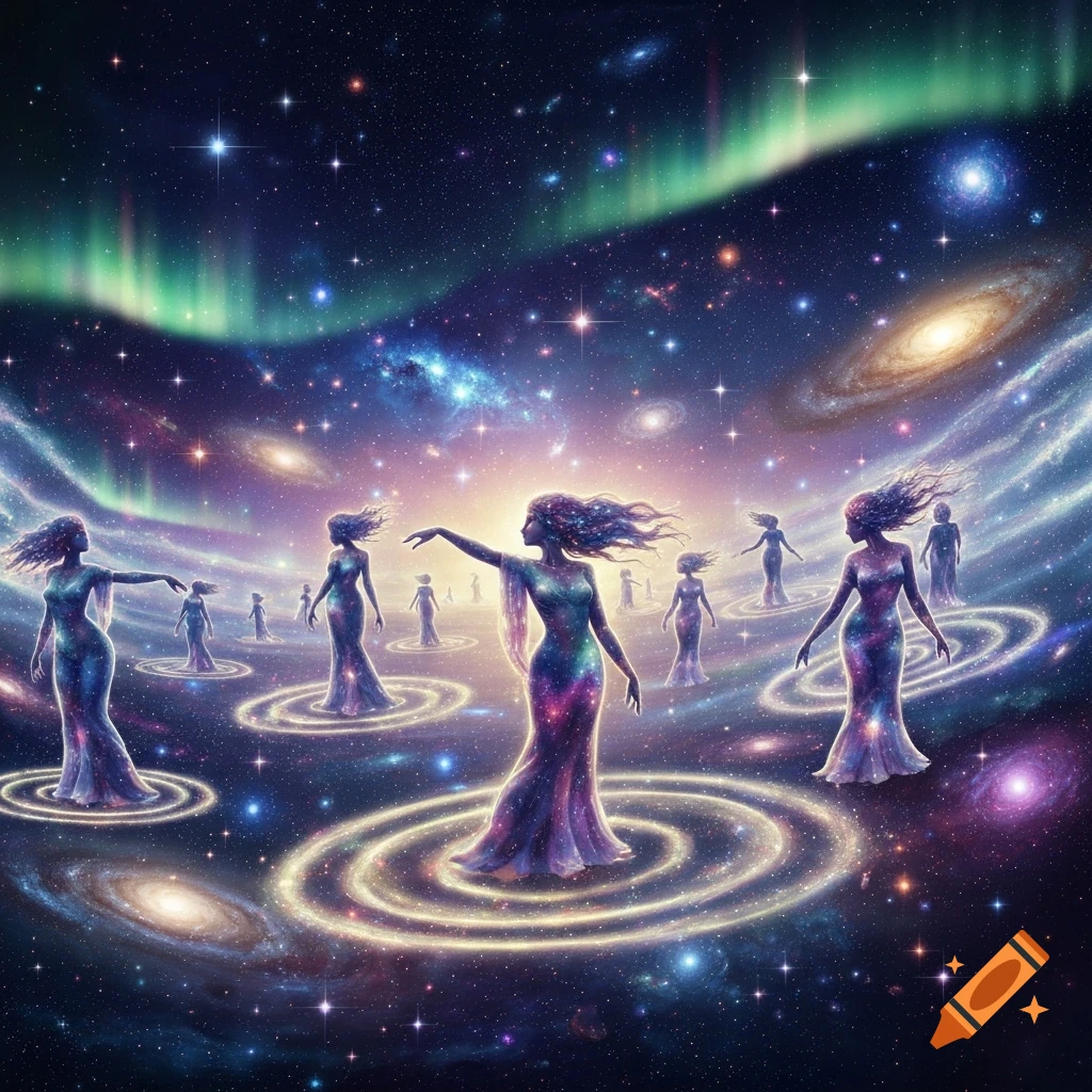 Ethereal women with glowing hair dance on swirling platforms amidst a vibrant cosmic backdrop of stars, galaxies, and green aurora.