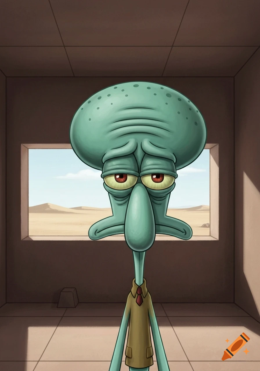 Cartoon Squidward with a large head and a sad expression, standing in a desolate room with a desert view.
