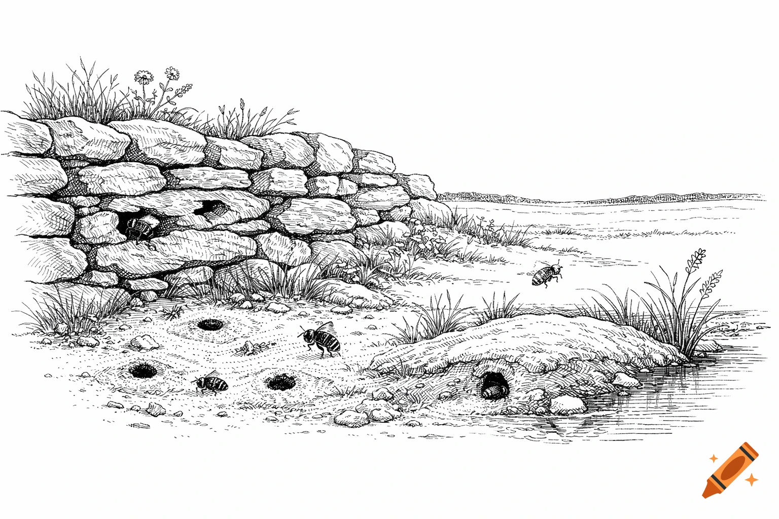 Detailed pen-and-ink scientific illustration of wild bee nesting habitats: a stone wall, sandy ground with nest entrances, and bees near water.