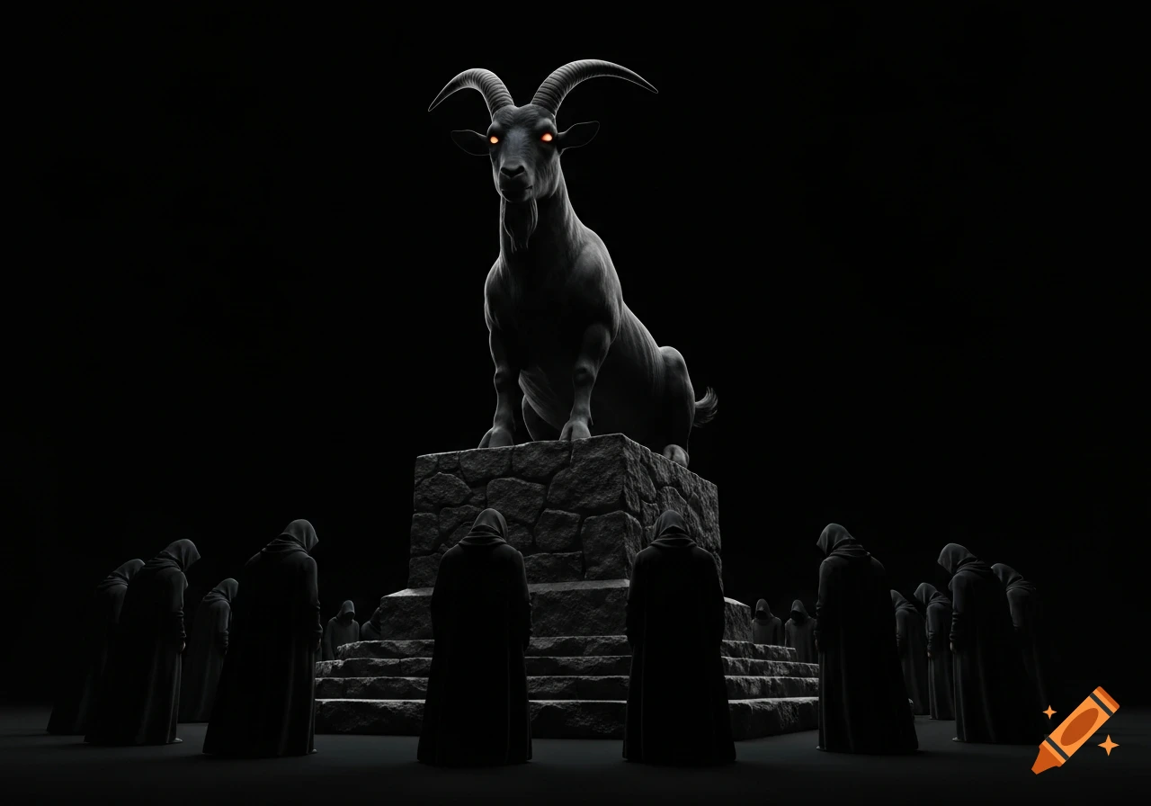 A giant black goat statue with glowing red eyes on a stone plinth, surrounded by hooded figures in a dark, shadowy void.