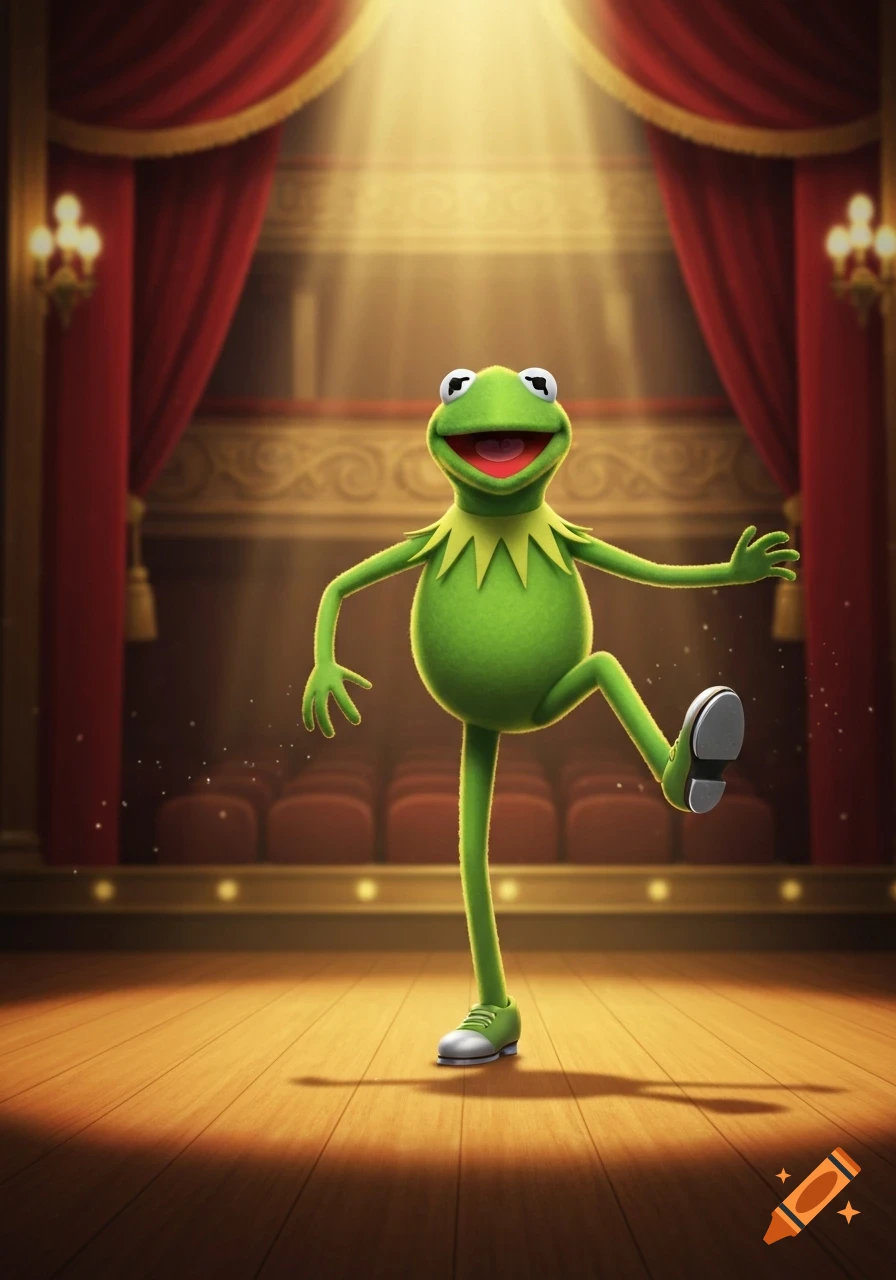 Kermit the Frog tap dancing and smiling in a spotlight on a wooden stage with red curtains and theatre seats.