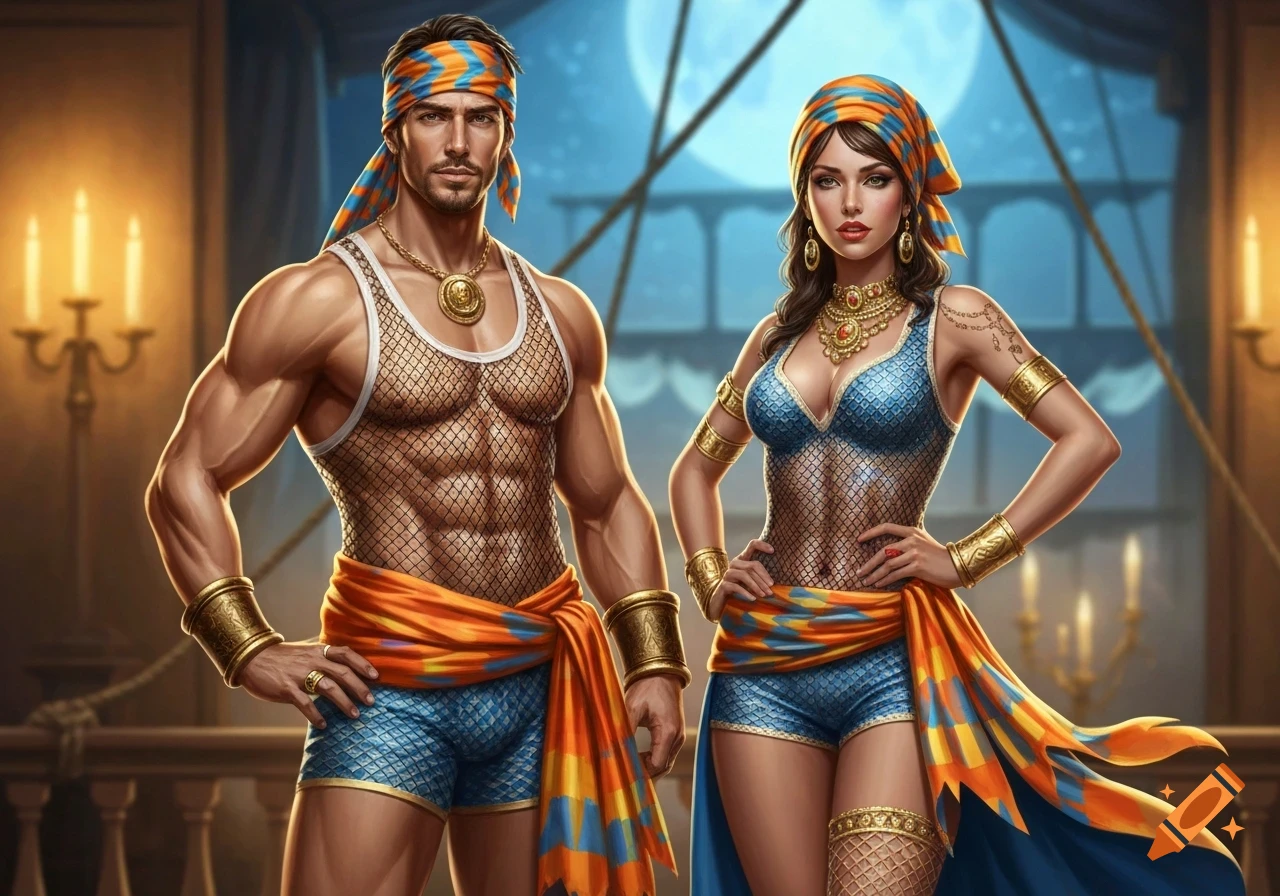 A male and female in elaborate buccaneer masquerade costumes featuring orange, yellow, and blue shorts, fishnet tops, sashes, and head scarves, against a moonlit backdrop.