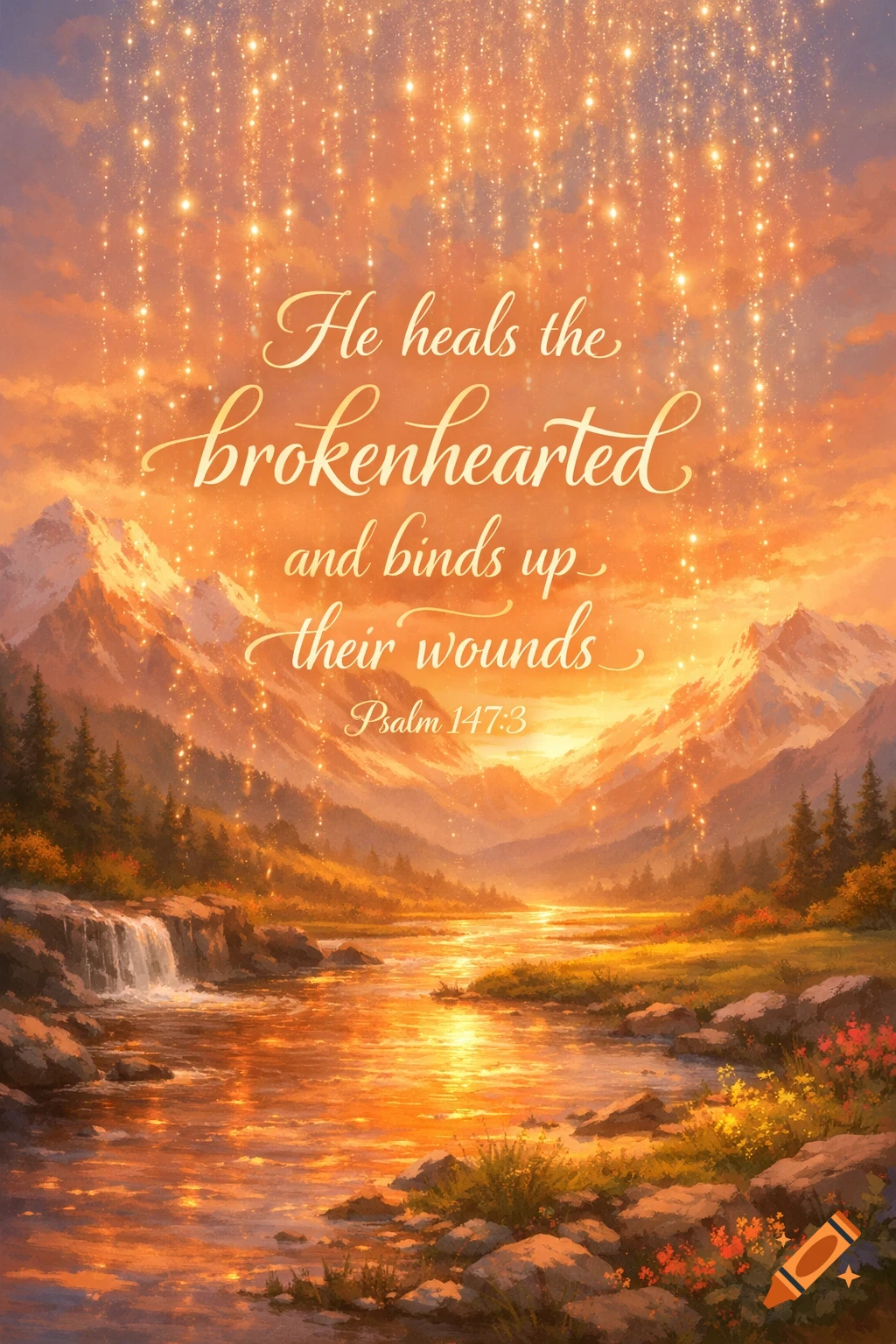 Digital painting of a golden mountain landscape with a river, waterfall, and sparkling light, featuring the text 'He heals the brokenhearted and binds up their wounds Psalm 147:3'.
