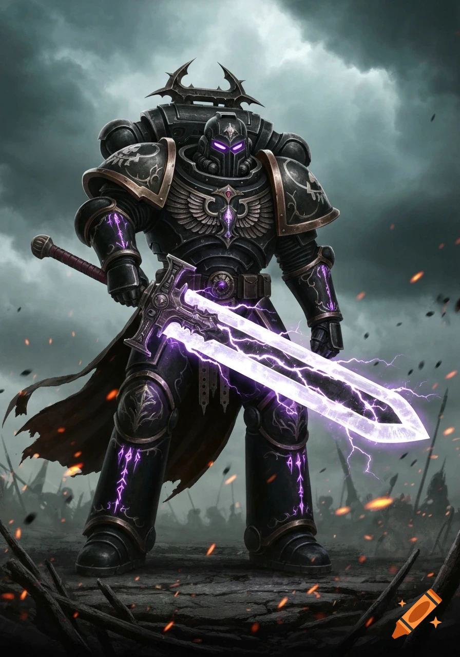A powerful armored warrior, likely a psyker from Warhammer 40k, standing on a battlefield with a glowing purple power sword.