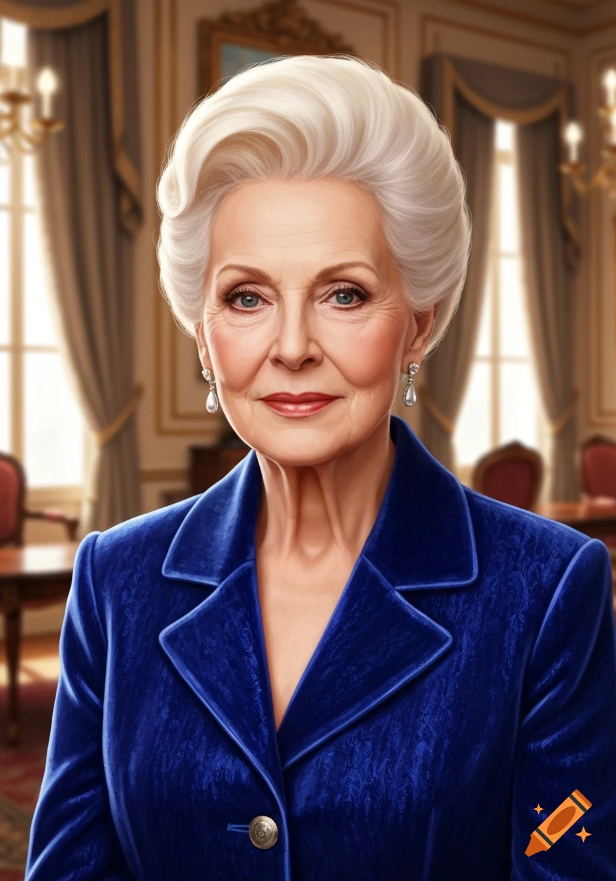 A photorealistic portrait of an elegant older woman with platinum blonde hair, wearing a blue velvet suit, in a grand room.