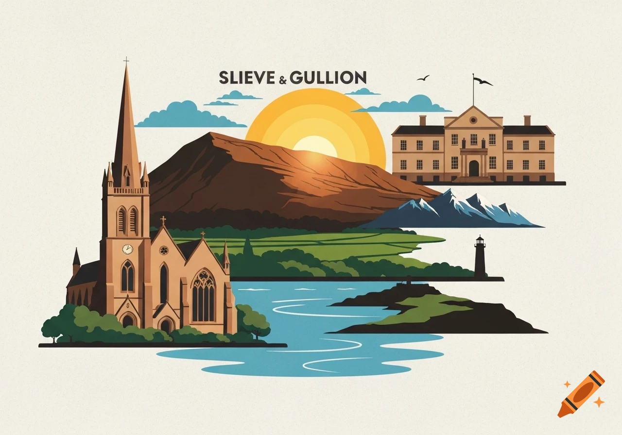Stylized illustration of Northern Irish landmarks: a church, stately home, Slieve Gullion mountain, lake, lighthouse, and sunset, with 'SLIEVE & GULLION' text.