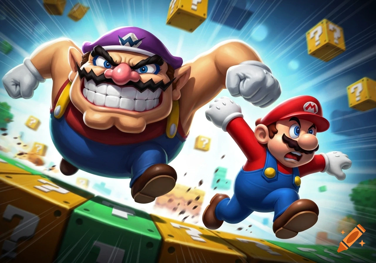 Wario with a menacing grin chases a startled Mario over yellow and green question mark blocks in a vibrant cartoon style.