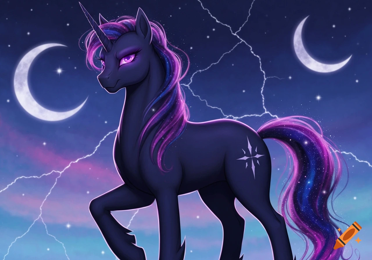 A dark purple unicorn with a sparkling purple and blue mane and tail stands in a night sky with lightning and crescent moons.