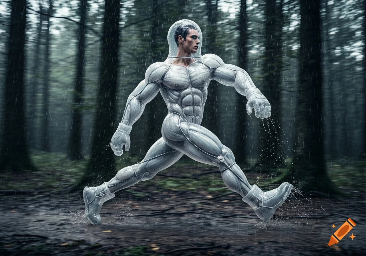 A muscular man in a transparent inflatable suit runs through a rainy forest.