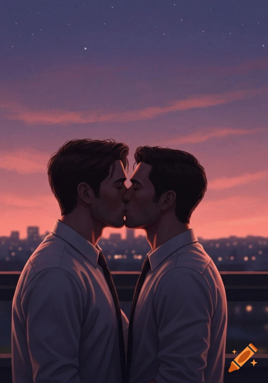 Two men in shirts and ties share a tender kiss on a rooftop at sunset, with a cityscape in the background. Illustrated style.