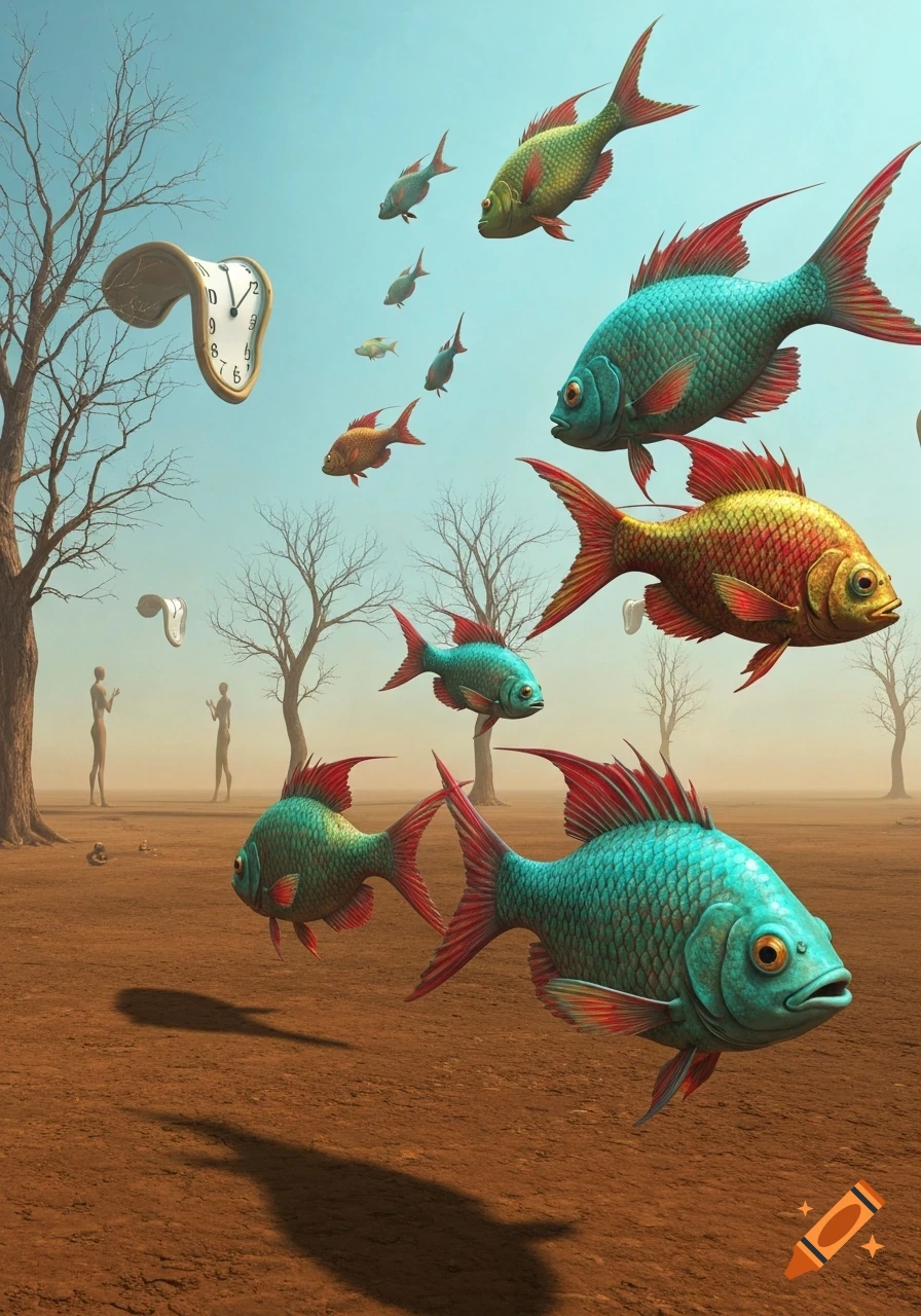 Surreal desert landscape with vibrant fish flying, melting clocks, and barren trees under a blue sky.