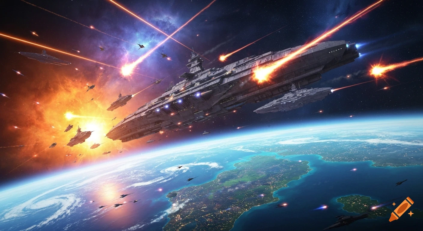 Massive space battle with warships, fighters, and explosions raging above a detailed, inhabited planet.