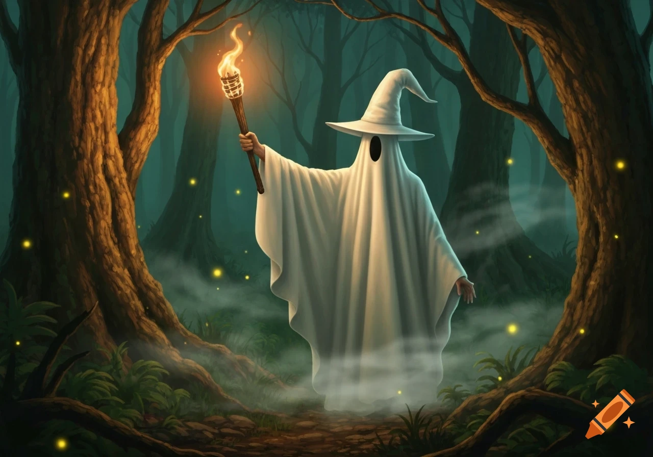 A white ghost figure wearing a pointy hat holds a flaming torch in a mystical, dark forest with glowing fireflies.