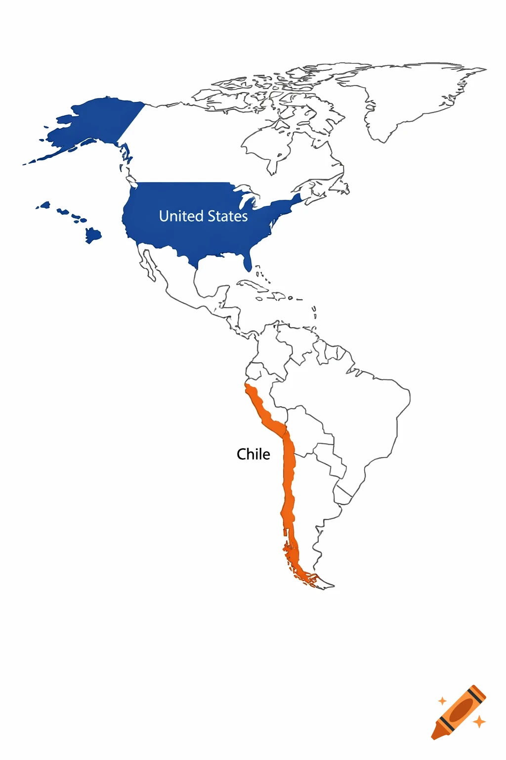 A modern map of the Americas with the United States in blue and Chile in orange, both labeled.