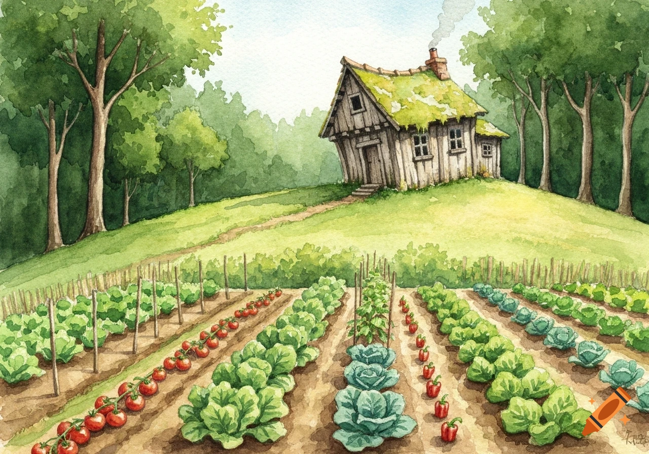 A charming watercolor painting of a crooked old hut on a hill, surrounded by a lush forest and a vibrant vegetable garden.